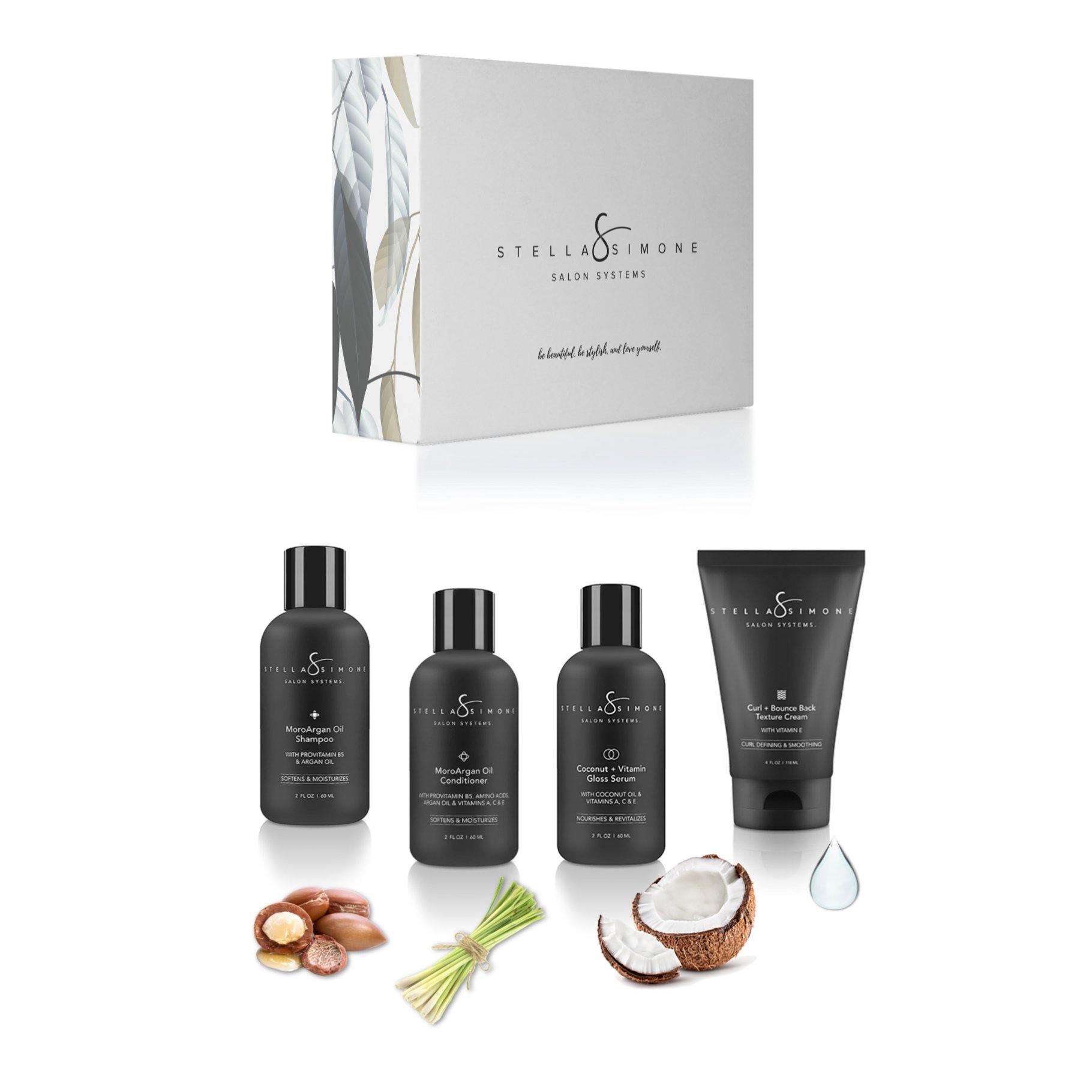 Moroccan Argan Oil + Aloe Shampoo and Conditioner | 4 PC | Haircare Kit | Hydrates + Softens | Weightless Volumizer | Vegan 🌱 | StellaSimone Salon Systems.