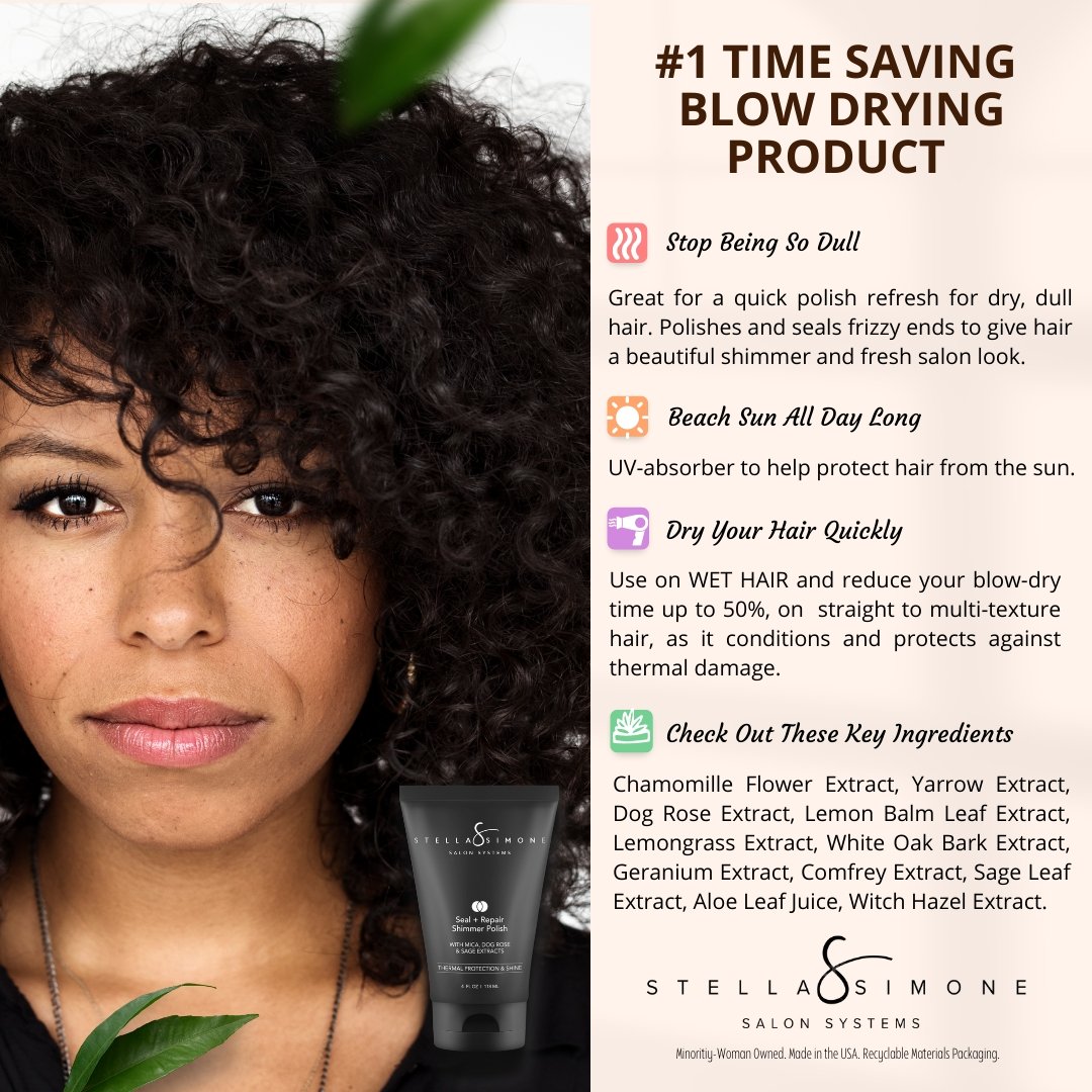 Seal + Repair Shimmer Polish | Reduces Blow Drying Time | 2A - 4C Textures | Vegan 🌱 | StellaSimone Salon Systems.